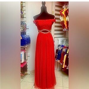 Size 5 Red Off Shoulder Beaded Waist Prom Homecoming Pageant Gown Dress NWT